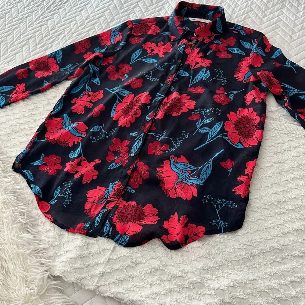 Zara Z1975 Semi-Sheer Maximalist Black Red Blue Bold Floral Blouse Size M - Picture 13 of 16